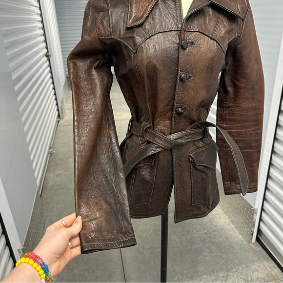 Vintage 70s east west musical brown dagger collar leather jacket S/M - Picture 7 of 12